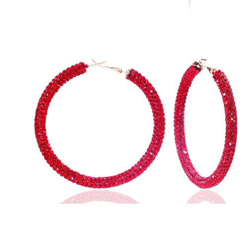 Sparkly Hoop Earrings for Women Exaggerated Rainbow Rhinestone Hoops Earrings Fashion Glitter Crystal Hoop Earring Large Hoops Earring Prom Jewelry Gifts (Red)