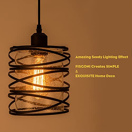 FISGONI Modern Mini Pendant Light Fixture 3-Pack Kitchen Island Pendant Lighting 6.3''Matte Black Spiral Cage Handblown Clear Seeded Glass Shade Adjustable Cord for Dining Room by FISGONI - Used condition - Image 3