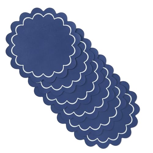 Image of kate spade new york Scallop Edge Round Reversible Placemats 6-Pack Set, Imitation Leather with Metallic Print, Water Resistant, Easy Wipe Clean, Navy /Silver, 15 inch Round