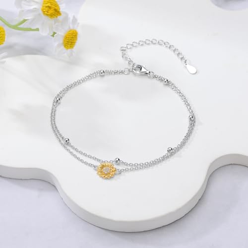 Diamond Sunflower Bracelet 925 Sterling Silver Sunflower Bracelet Gift for Women Mom Wife,7"+2"4