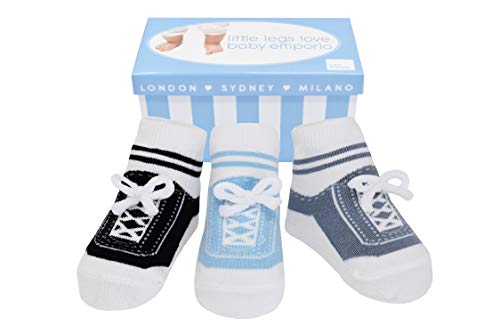 Baby Emporio 3 pares de calcetines para bebé niño - Suelas antideslizantes - Algodón suave - Con bolsita regalo - Efecto zapatillas - 0-12 meses (LITTLE STEPS)