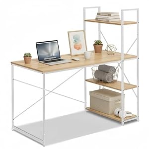 N&S パソコンデスク ラック付き 棚付きデスク ワークデスク 勉強机 組立式 幅120cm×奥行60cm ホワイトフレーム×ナチュラル