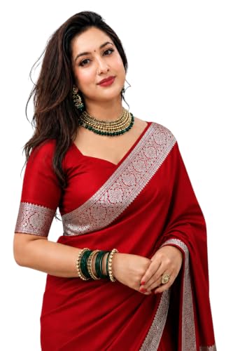 Rabbaitul Bait Banarasi Satin Silk Saree for Women Red Soft Blend Jacquard with Silver Zari Weaving Traditiona