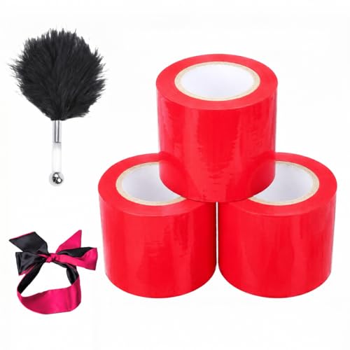 Love69Toys Bondage Tape Set - 3 Rollen (60m) Statikfreies Design, Klebt nicht an Haut & Haaren, Rückstandsfrei - Inklusive Federwedel & Weinrote Augenbinde - Vielseitiges SM Tape für Paare (Rot)