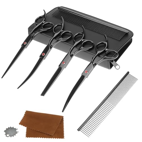 QWORK® 5 in 1 Profi Hundeschere Set, 7 Zoll Edelstahl Effilierschere, Gerade und Gebogen Schere, Pflegekamm, für Hunde und Katzen