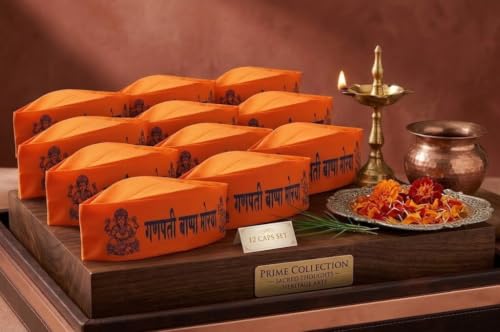 Image of CRAFT WORLD Ganpati Bappa Printed Topi, Cap, and Special Ganesh Chaturthi Festival Pooja, Visarjan Topi Use It Unisex Pack of 12 (Size - Free, White)