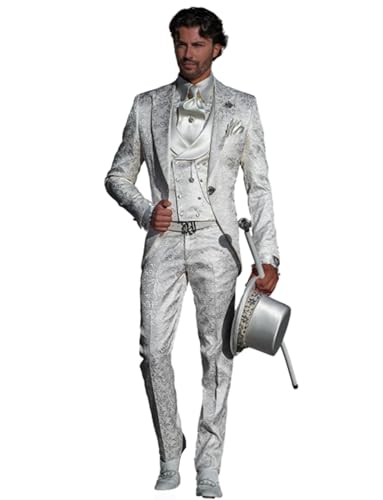 Men's Jacquard 3-Piece Suit Short Tailcoat Jacket with Double Breasted Vest Pants Tuxedos Wedding Prom