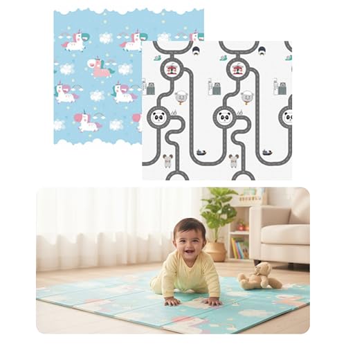 Image of Kids Station Double-Sided Waterproof Baby Playmat - Foldable, Portable & Reversible Foam Mat for Infants, Toddlers & Kids - Soft, Non-Slip, Easy-to-Clean Baby Crawling Mat for Indoor /Outdoor Use (200x150x0.8cm, Unicorn & Panda Print)