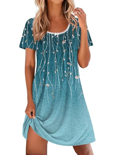 Image of Ekouaer Nightgowns for Women Pleated Sleep Shirts Short Sleeve Night Shirts Lace Trim Night Gown Ladies Sleep Dress