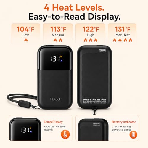 Image of Hand Warmers Rechargeable, Heat Levels (104-131F), Real-Time Temp & Battery Display, Electric Hand Warmers, Fast Heating, Fits in Gloves /Pocket, Gifts for Women & Men
