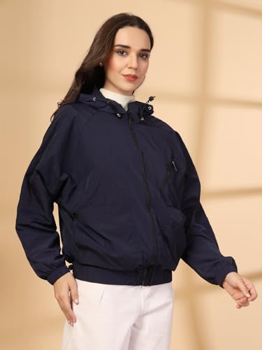 Image of CHKOKKO Womens Stylish Oversized Windcheater Jacket with Zip Closure Lightweight Sportswear for Running Travel Hiking Outdoor and Rainy Season Wear Navy M
