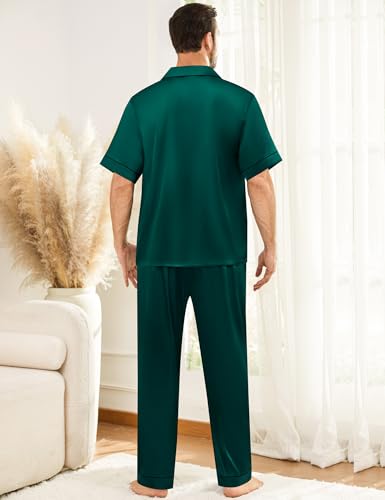 Image of SWOMOG Mens Silk Pajamas Set Satin Pj Set Short Sleeve Sleepwear Button Down Lounge Set with Drawstring & Pockets S-3XL