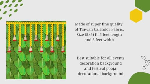 Image of sravanamasam Pooja Decoration Backdrop | Banthi Puvvu Hanging Garland on Banana Leaf Background Mandapam Cloth 5x5 feet | Back Ground Decoration Clothes 5x5 feet