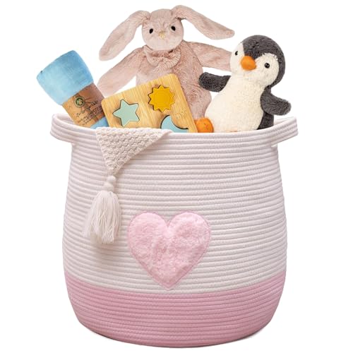 Large Woven Storage Basket Baby Laundry Basket Pink Heart Cotton Rope Toy Storage Basket Kid's Pet's Blanket Playroom Organization for Children's Room Living Room Toy & Nursery Container with Handle