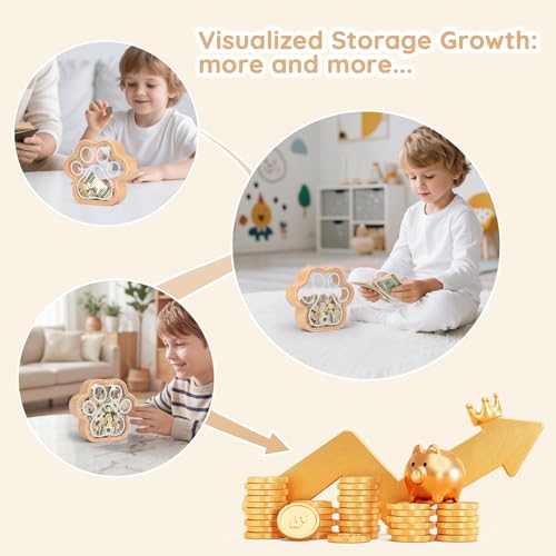 Image of KMC Wooden Piggy Bank for Kids, Natural Cat Dog Paw Coin Bank with Stickers | Small 5-Inch Piggy Bank for Boys and Girls, Cute Nursery Decor, Encourages Saving Habits, Ideal Baby Shower and Birthday Gift