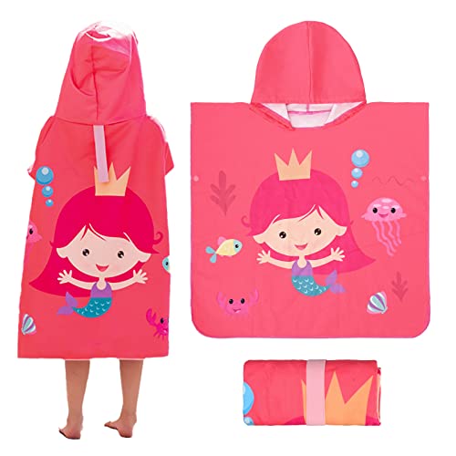 ZOOAOXO Poncho de Bain Enfant en Microfibre, Serviette de Plage, Bande Élastique, sans Sable, Taille (75 × 75 cm), Séchage Rapide, Boucle Cachée, Convient aux Enfants de 4 à 8 Ans Rose