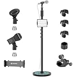 CAHAYA Microphone Stand Floor Detachable - Universal Mic Stand with Weighted Round Base Phone Holder and 2 Mic Clips Portable Mic Stands Height Adjustable for Singing Performance Wedding Stage Live