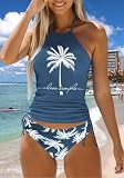 Women's Coconut Tree Graphic Drawstring Tankini Set Live Simple Letter Print Two-piece Halter Tankini Swimsuit Summer Beach Vacation Bathing Swimwear Tops（M,Blue-F