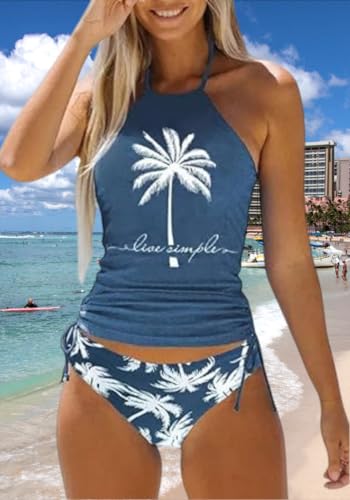Women's Coconut Tree Graphic Drawstring Tankini Set Live Simple Letter Print Two-piece Halter Tankini Swimsuit Summer Beach Vacation Bathing Swimwear Tops（M,Blue-F