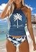 Women's Coconut Tree Graphic Drawstring Tankini Set Live Simple Letter Print Two-piece Halter Tankini Swimsuit Summer Beach Vacation Bathing Swimwear Tops（M,Blue-F