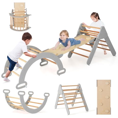 COSTWAY 7 en 1 Triángulo de Escalada de Madera para Niños, Juego de Escalada con Triángulo, Arco, Rampa para Deslizarse o Escalar, Set de Escalada Montessori para Niños 1+ Año (Gris Oscuro)