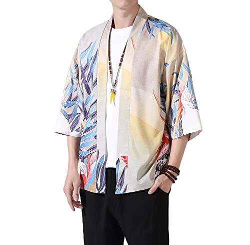 Image of PRIJOUHE Men's Lightweight Kimono Jacket Seven Sleeve Open Front Cardigan Coat Japanese Style Bathrobe