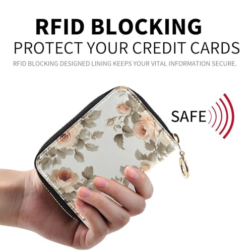 RFID Credit Card Wallet Beige Flower Leaves White Pattern PU Leather Purse Case with Zipper Card Holder for Women Girls2