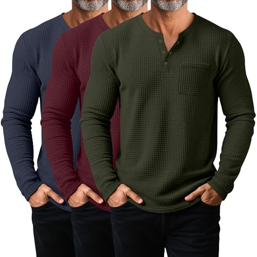August Alley 3 Pack Men's Waffle Henley Long Sleeve Thermal Shirts, Lightweight Casual Undershirts Pullover Tops with Pockets(Navy Blue, Wine Red, Dark Army Green,Large)