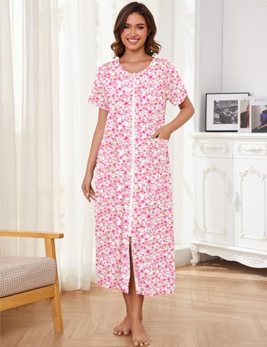 Image of Bloggerlove Zipper Front Robes for Women House Coat Half Sleeve Loungewear Long Nightgown with Pockets S-3XL