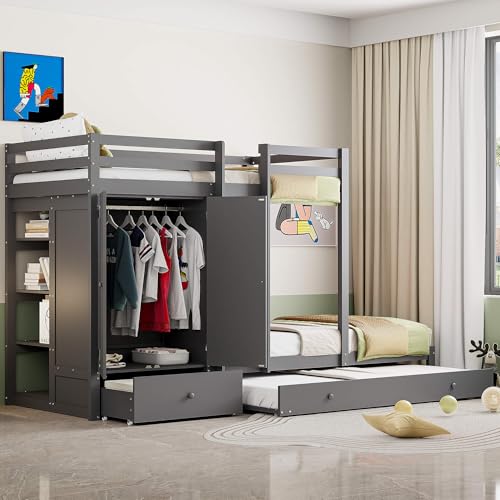 HYUB litera de madera 90x200 cm con armario y cama nido, litera con cajones y compartimento de almacenamiento, cama con protección anticaídas y somier, gris