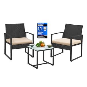 SONGMICS Balkonmöbel, Gartenmöbel-Set, aus PE-Polyrattan, Lounge-Set, Tisch und 2 Stühle, Terrassenmöbel, einfache Montage, Outdoor, für Terrasse, Balkon, Garten, schwarz-beige GGF010M05