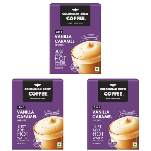 Image of Colombian Brew Vanilla Caramel Cafe Latte, Instant Coffee Powder Premix (3 in 1), 8 Sachets (Pack of 3)