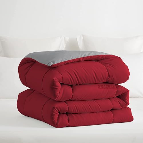 Image of Restful Sleep Reversible All Weather Comforter Single Bed Size - Dohar /Rajai /Blanket /Duvet -250 GSM Quilt Soft Microfiber Fill Single Size (60 inchX90 inch) - Burgundy /Silver Grey Color