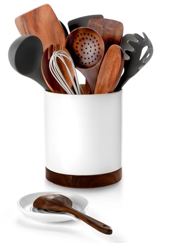 Image of Ceramic Rotating Utensil Holder with Spoon Rest for Kitchen Counter White