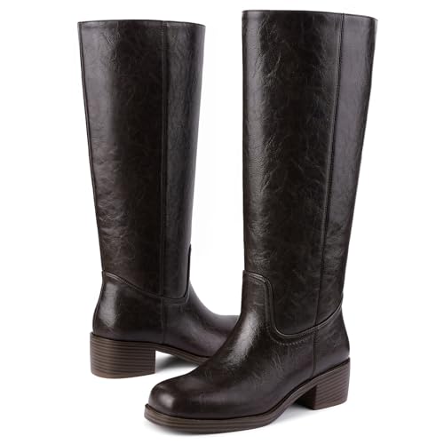 Image of Gothictor Women's Banana Knee High Boots Square Toe Chunky Block Heel Comfortable Low Heel Pull on Wide Calf Riding Long Boots for Women