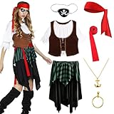 Kitimi Costume de pirate pour femme adulte avec costume, cache œil, collier et boucles d'oreilles, costume de pirate pour carnaval, Halloween et fête de pirate (M)
