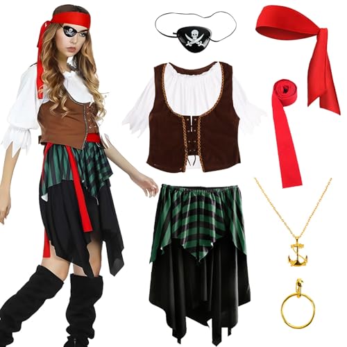 Kitimi Disfraz de pirata para mujer, disfraz de pirata, adulto con parche, collar, pendiente, disfraz de pirata para carnaval, Halloween y fiesta de pirata, adulto (M)
