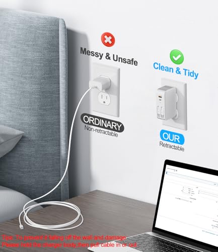 Image of 4 in 1 Retractable Wall Charger with Dual Cables,40W Retractable Phone Charger Wall Plug with Dual USB Ports,20W USB C Chargers Block Fast Charging for iPhone 17 16 15 14 13,LG, Galaxy S24 23,Pixel