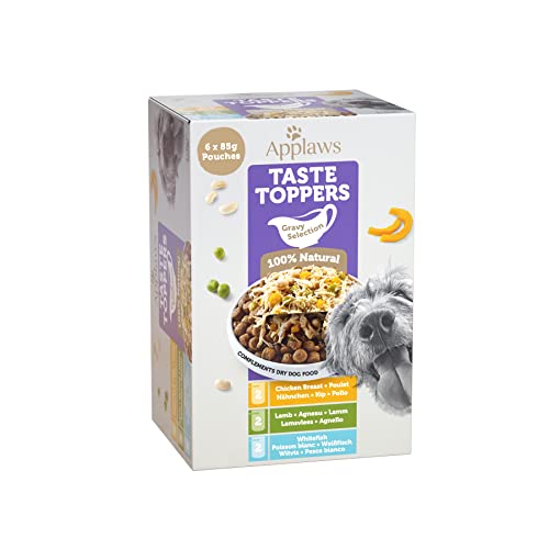 Applaws Taste Toppers Wet Hundefutter Topper, Fleisch und Fisch Auswahl in Soße 85g Beutel (6 x 85g Beutel)