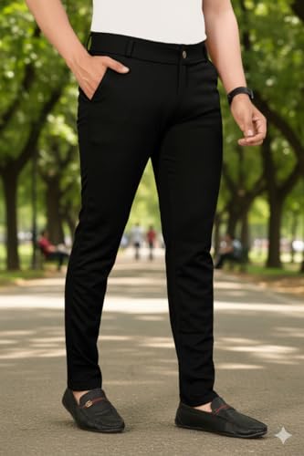 Image of Men's Classic Track Pants, Slim Fit, Lycra Blend Stretchable Business Casual Dress Pants, 4 Pockets, Button and Zipper Closure