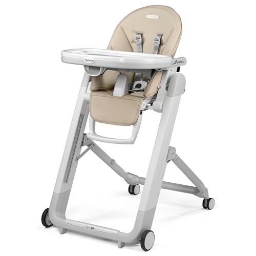 Image of Peg Perego Siesta, Grow with Baby Folding High Chair & Recliner, Height Adjustable, Quick Clean & Easy Push Wheels for Babies & Toddlers, Made in Italy, Astral (Beige)