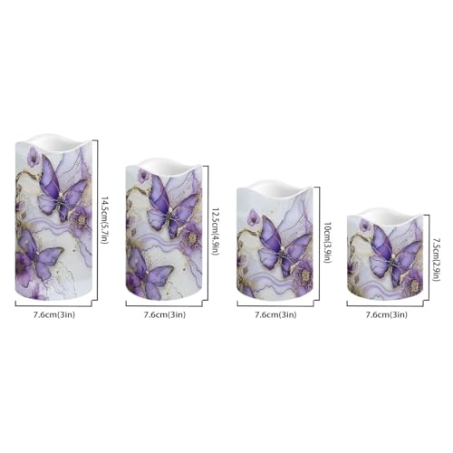 Image of Purple Butterfly LED Pillar Candles Bulk Set of 4 with Timer Remote Color Changing Electric Fake Candles for Home Decorations