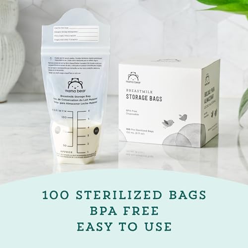 Amazon Brand - Mama Bear Breastmilk Storage Bags, Pre-Sterilized, BPA Free, Double Zips, for Refrigeration and Freezer Storage, 100 Count, 6 fl oz