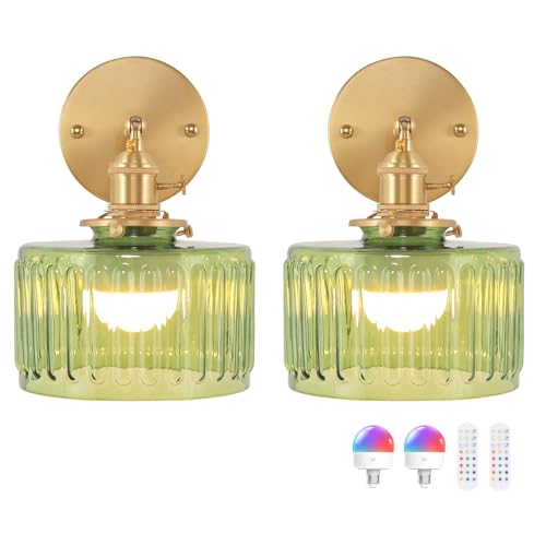 Shenmoyl Vintage Battery Operated Wall Sconce with Green Striped Glass Lampshade 5000 mAh Rechargeable Battery Powered Wall Light with Remote Control for Bedside Bedroom Doorway Set of 2