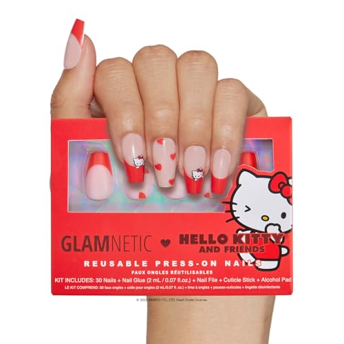 Glamnetic x Hello Kitty® and Friends Press On Nails - Hello Kitty® Red | Red French Tip Short Coffin Graphic Nails in a Glossy Finish | 15 Sizes - 30 Nail Kit with Glue