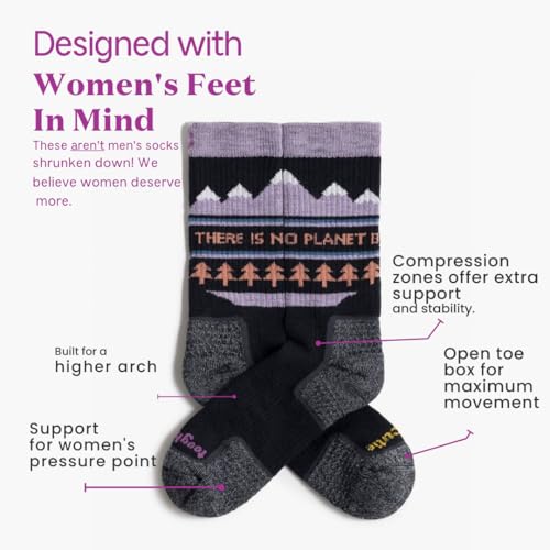 Image of ToughCutie No Planet B Merino Wool Socks for Women, Ladies Hiking Crew Socks, Warm Moisture Wicking Soft Cushion Boot Sock