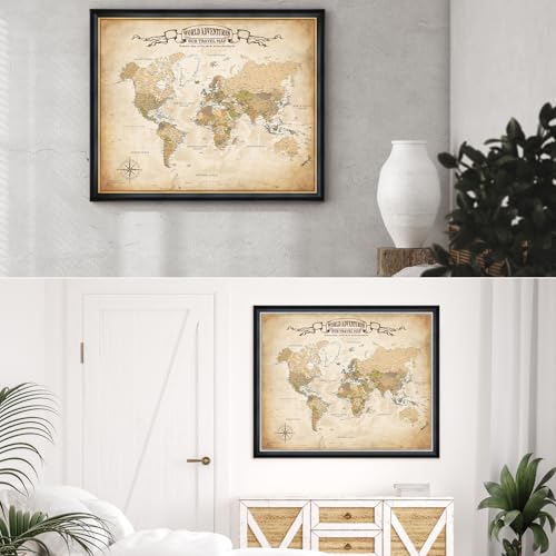 Image of DECORARTS - Personalized World Travel Map with Pins, Custom Name, Pin Board Canvas Wall Art, Antique Vintage Old World Decor, Optional Wood Frame, Giclee Print, Handcrafted in USA, 30x24''
