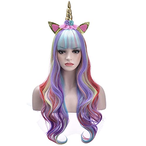 RightOn Rainbow Wig Long Wavy Wig with Bangs Colorful Wigs Synthetic Wig Long Wig Pastel Wigs for Cosplay Party Wig Cap and Horns Included