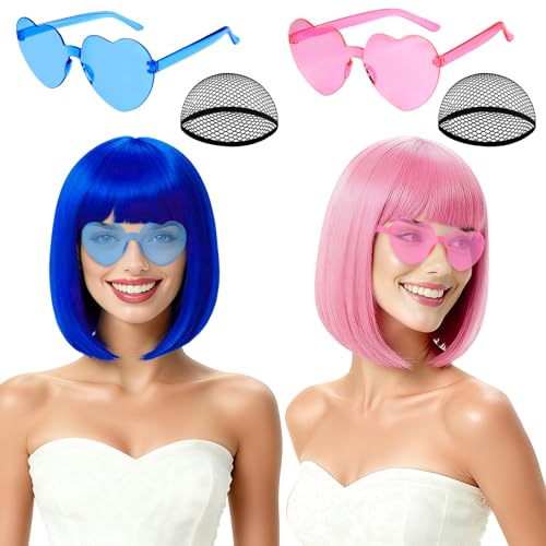 rookea 2 Pack Colored Bob Wigs and Heart Sunglasses Set Blue Pink Short Straight Bob Wig with Bangs Neon Party Colorful Synthetic Hair for Women Men Halloween Costume Bachelorette Party Favors