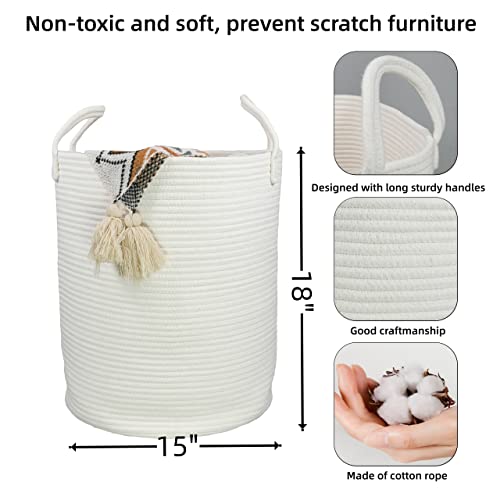 XUANGUO Cotton Rope Laundry Basket Hamper for Clothes Decorative Woven Storage Basket for Living Room Bedroom Boho Tall Rope Baskets for Blanket Toys Baby Nursery Hamper Bin Large white - Image 3
